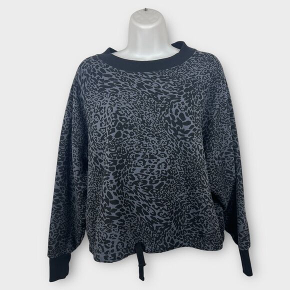 Old Navy Leopard Black Gray Sweatshirt Active Shirt Boxy Relaxed Small Tie Waist - Picture 1 of 6